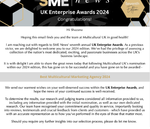 Multicultural UK, a Woman-Led Company, Wins Prestigious UK Enterprise Awards 2024 for Outstanding Contributions to Multicultural Marketing