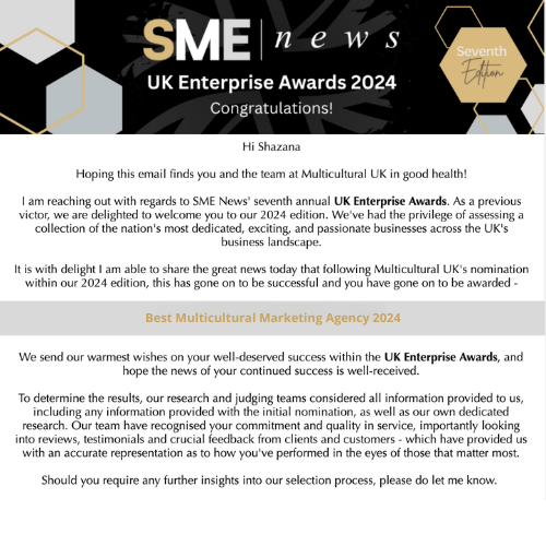 Multicultural UK, a Woman-Led Company, Wins Prestigious UK Enterprise Awards 2024 for Outstanding Contributions to Multicultural Marketing